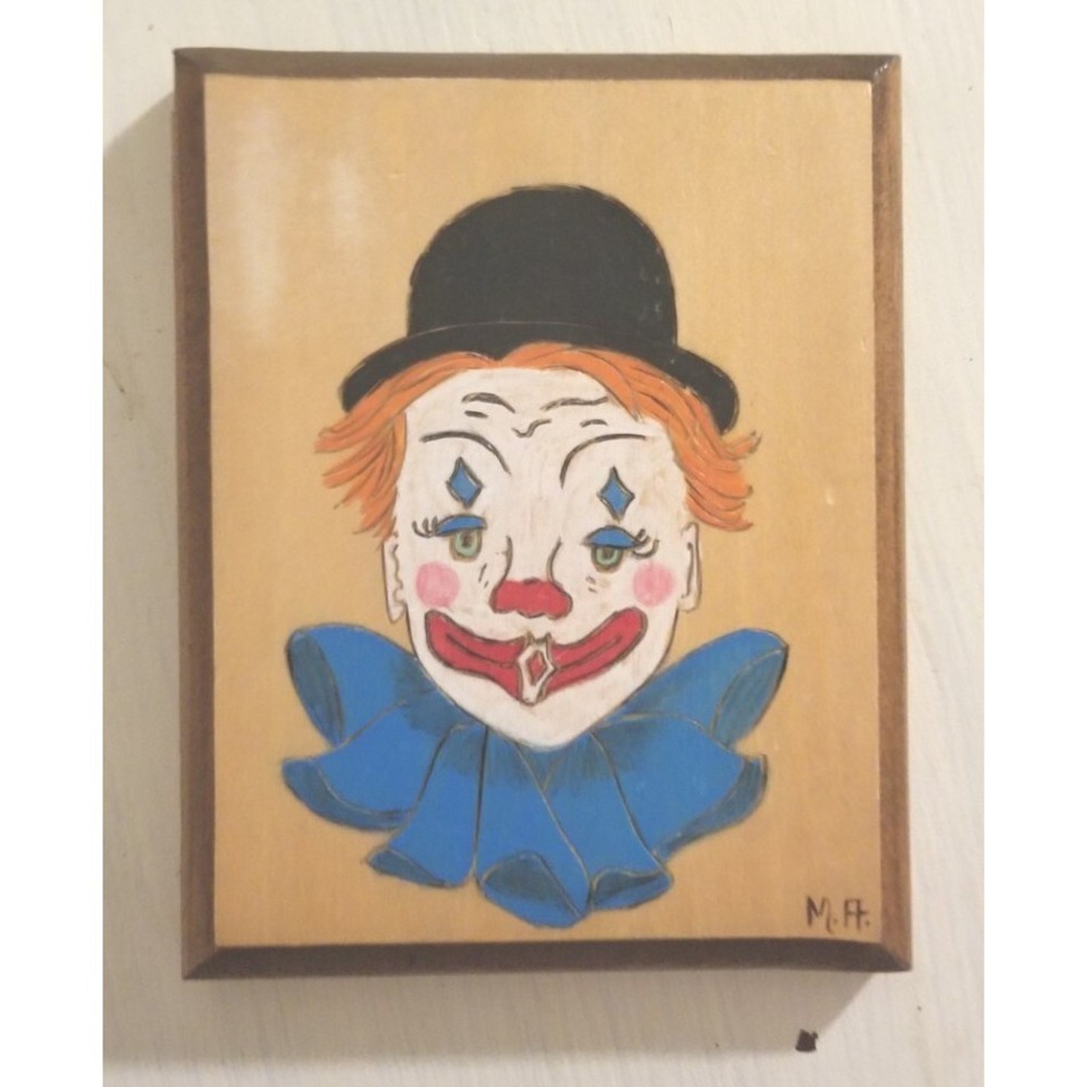 Vintage Marge Almonrode Clown Painting Multimedia Wood Etching & Paint